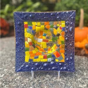 Square Fused Bubble Glass Cobalt Blue Multicolored Dish Tray 8” Art Glass Plate